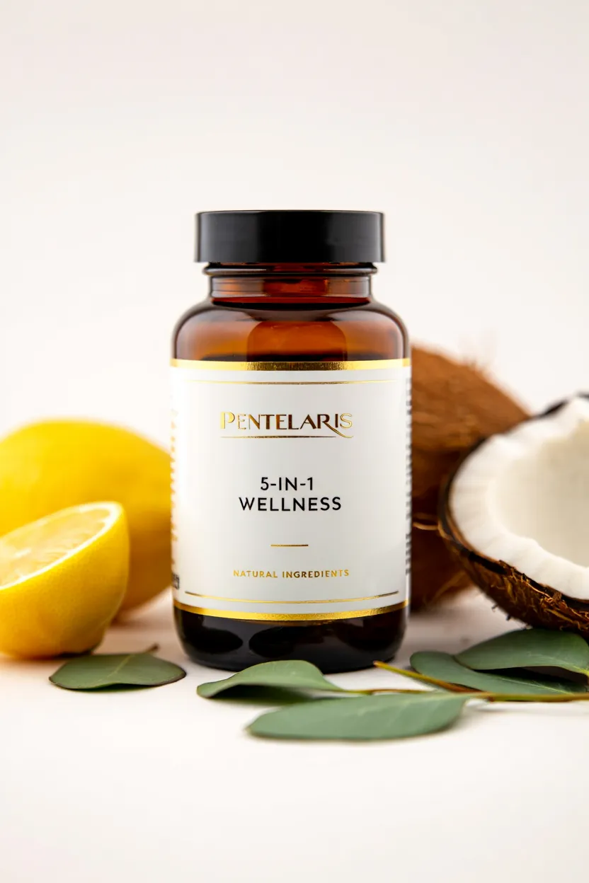 Pentelaris 5-in-1 wellness supplement bottle with natural ingredients